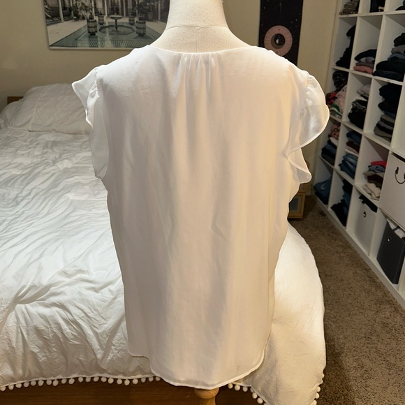 Calvin Klein | V Neck Button Down Short Cap Ruffle Sleeves Sheer Lined Blouse - Picture 3 of 11